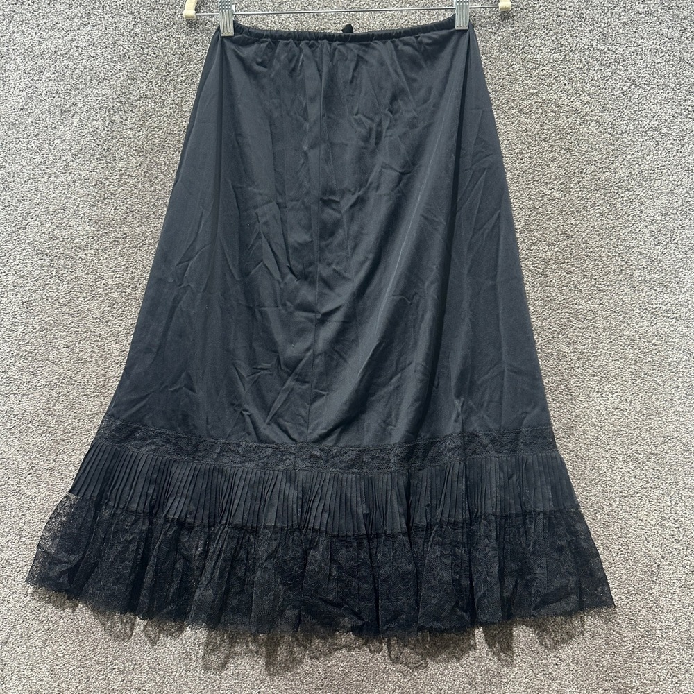 Vintage Black Nylon Half Slip Midi Skirt Floral Lace Trim Medium Goth Romantic
